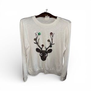 White Reindeer Sequin Shimmer Christmas Glam Long Sleeve Sweater Size Large Used